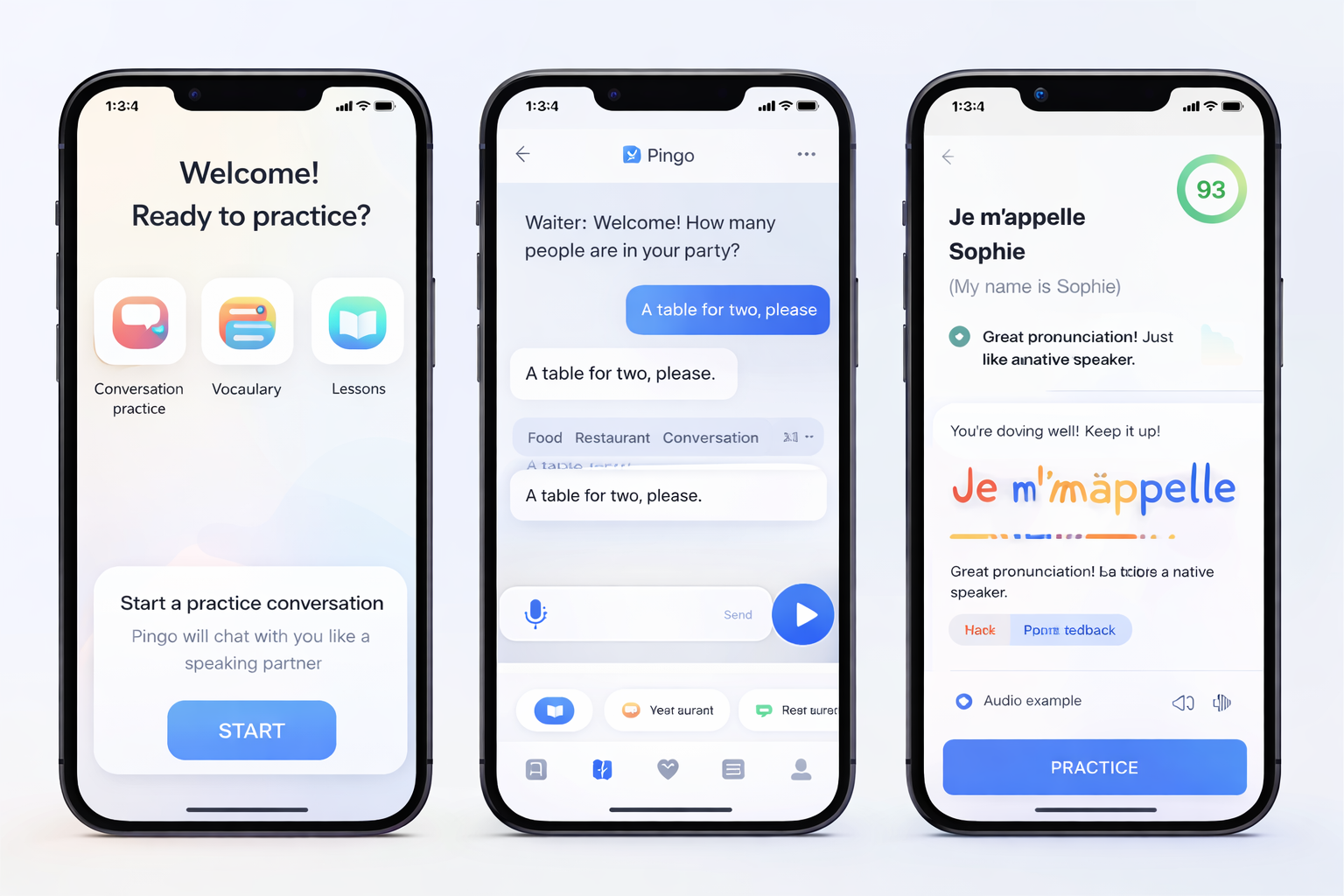 Pingo AI language learning app interface showing conversation practice and pronunciation feedback screens
