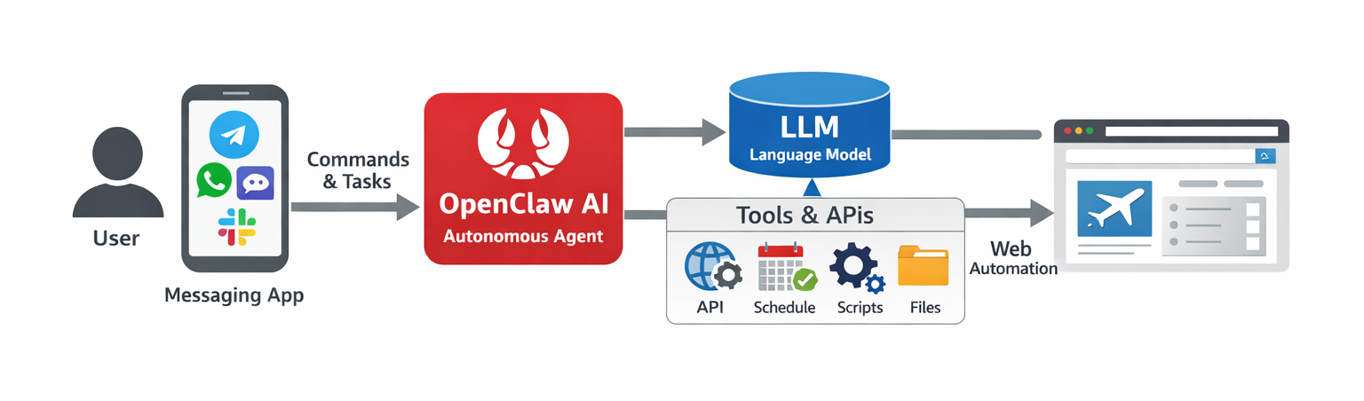 OpenClaw AI architecture diagram showing autonomous agent workflow with messaging apps, LLM, and web automation tools